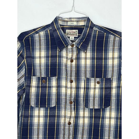 J. Crew Men’s Large Blue Yellow Plaid Slim Fit Flannel Long Sleeve Button Shirt - Picture 7 of 7